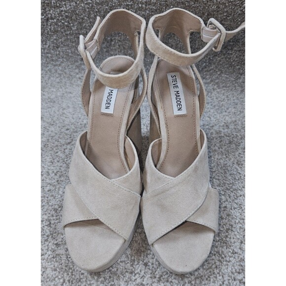 Steve Madden Jodi Platform High Heels Women Size 9 Suede Ankle Strap Beige Block - Picture 2 of 12